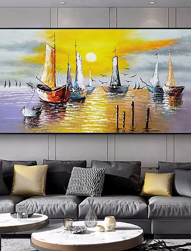  Peintures à l'huile de paysage de quai faites à la main par Mintura sur toile, décoration murale, tableau abstrait moderne de bateau pour la décoration intérieure, peinture roulée sans cadre, non