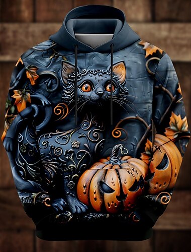 Katze Kürbis Herren Modisch 3D-Druck Hoodie Sweatshirt Kapuze Halloween Hoodies Schwarz Mit Kapuze Tasche 3D-Druck Herbst Winter Designer Kapuzenpullover