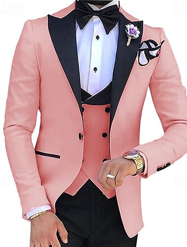  Trajes de boda y fiesta para hombres en blanco y rosa color sólido de verano ajustados de tres piezas con un solo pecho y un botón