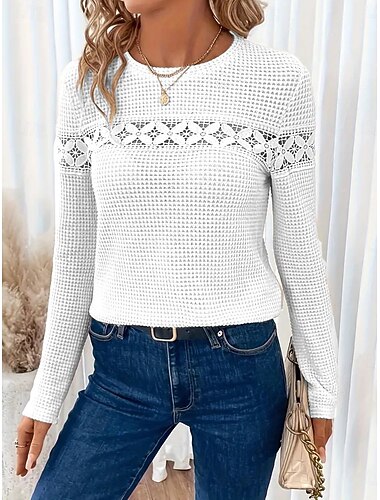  Vrouwen Witte Elegante Kanten Tops Eyelet Blouse Casual Lange Mouw Reguliere Tops Ronde Hals Dagelijks Romantische Petite Tops Zomer Vakantie Draag Zwart Wit Rood Lichtbruin Lente Herfst