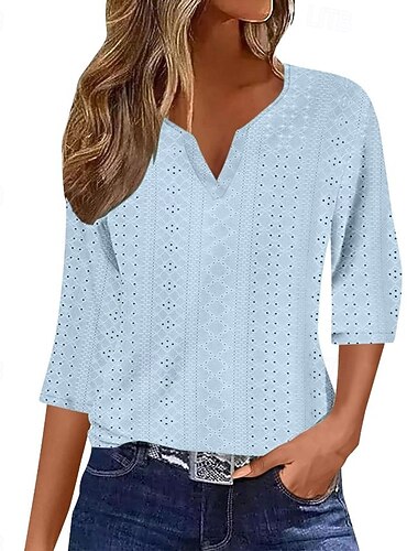  Damenbluse stilvoll modern ausgehöhlt 3/4 Ärmel normale Oberteile V-Ausschnitt Arbeit Alltag gelb blau lila grün Frühling Herbst