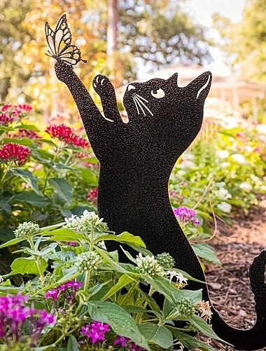  kat metalen silhouet beeld ijzeren zwarte katten staak dier vloer plug decoratie ambachten tuin tuin kunst borden voor kattenliefhebbers cadeaus voor gazon boerderij bloemperk