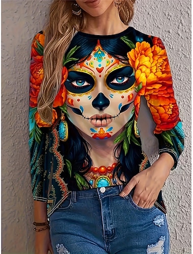  Γυναικείο T-Shirt Κρανία Λαιμός Crew Μακρύ Μανίκι Τουνίκ Τιάρτα Αστεία Ναυτικό Μπλε Άνοιξη Φθινόπωρο