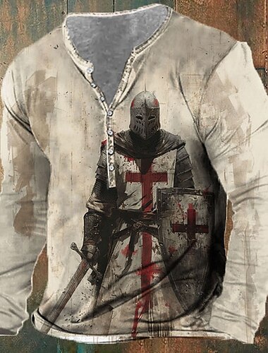  Pánské Templářští rytíři křesťan Tričko Tričko Henley Dlouhý rukáv 3D tisk Designové Retro ulice Ležérní Denní Léto Jaro Podzim Khaki Henley Tričko Henley