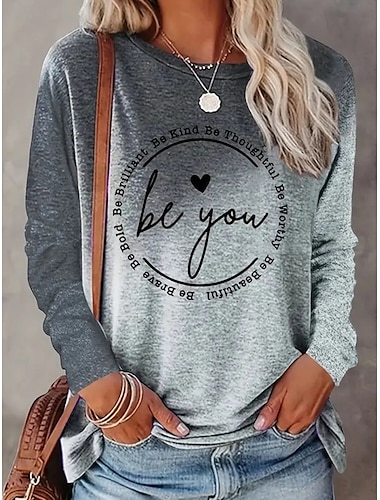  Dames T-shirt Ombre Brief Casual Lange mouw Strakke ronde hals Normale tops Dagelijks Weekend Afdrukken Grijs Lente & Herfst
