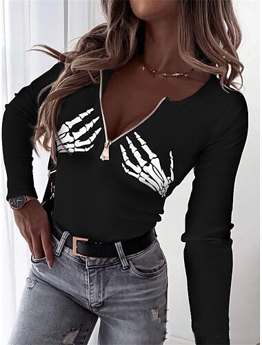  Damen Hemd Bluse Halloween Brautkleider schlicht Langarm Schwarz Herbst Winter