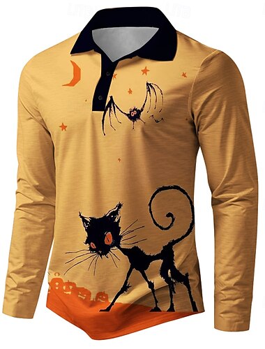  Halloween Katze Grusel Herren Poloshirt Golfpolo Langarm Partyabend Sommer Taste 3D-Druck Kragen Gelb Mikro-elastisch Polyester Milchfieber