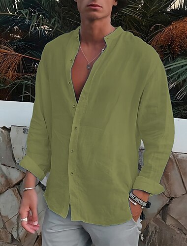  Hombre Camisa Camisa con cuello mao Camisa de verano Ropa de playa Abotonar la camisa Plano Exterior Vacaciones Negro Blanco Azul Piscina Verde Trébol Manga Larga Cuello Vuelto Primavera & Otoño Ropa