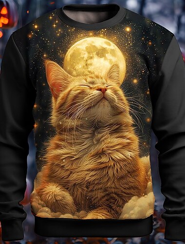  Katze Kürbis Herren Modisch 3D-Druck Sweatshirt Pullover Party Festtage Halloween Hoodies Schwarz Orange Langarm Rundhalsausschnitt 3D-Druck Herbst Winter Designer Kapuzenpullover