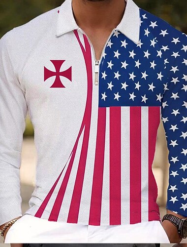  4 يوليو 2026، الذكرى 250 رجالي العلم الأمريكي قدامى المحاربين قمصان البولو قمصان بولو الجولف كم طويل قمصان البولو قبة عطلة ملابس الحفلات والسهرات مناسب للبس اليومي سحاب طباعة ثلاثية الأبعاد