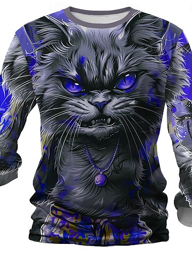  Men's Cat Funny T shirt Long Sleeve T shirt 3D Print Crew Neck Shirt Designer Retro Vintage Street Casual Daily Yellow Red Blue Summer Spring Fall Clothing Apparel S M L XL XXL XXXL