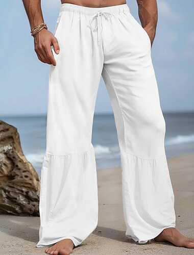  Herren Frech Leinenhose Hose Hosen Sommerhosen Patchwork Kordelzug Elastische Taille Glatt Komfort Atmungsaktiv In voller Länge Casual Täglich Festtage Urlaub Modisch Schwarz Weiß