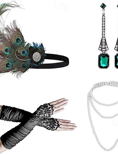  Zabytkowe 1920 roku Wielki Gatsby Opaska w stylu lat 20-tych Zestaw akcesoriów Naszyjniki Kolczyki Czarleston Gość weselny Pióro Moda Damskie Bal maskowy Przyjęcie weselne Wieczór panieński Festiwal