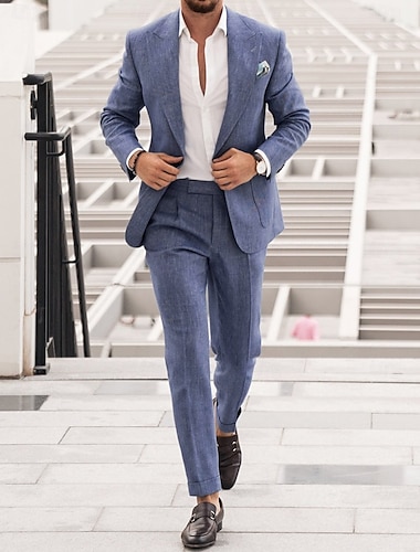  Trajes de lino para bodas de hombres negro azul cielo verano de color sólido ajustados de 2 piezas de un solo botón