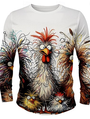  Homme Poussin Marrant T shirt manche longue T-shirt 3D effet Col Ras du Cou Chemise Design Rétro Vintage Plein Air Casual du quotidien Noir Blanche Jaune Eté Printemps Automne Vêtement Tenue S M L XL