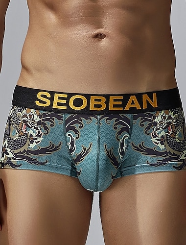  Homens 1 pc Cueca Boxer Boxers Poliéster Respirável Macio Confortável Dragão Cintura Média Preto Azul