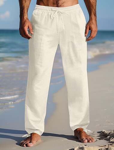  Homme Pantalon en lin Pantalon pantalon été Pantalon de plage Cordon Taille elastique 2 en 1 Plein Confort Respirable Toute la longueur Casual du quotidien Vacances Vacances Mode Blanche Bleu