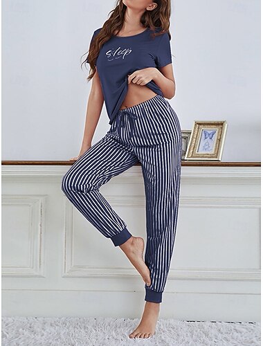  Damen-Sets mit Streifen und Buchstaben, modisch, bequem, für zu Hause, täglich, atmungsaktiv, Rundhalsausschnitt, kurzärmelig, T-Shirt, Hose, Sommer, Frühling, Heim-Outfits