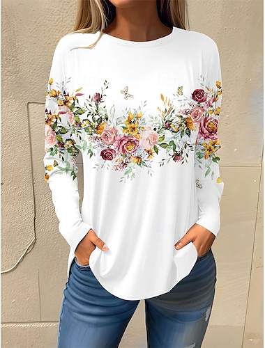  dames t-shirt basic bloemenprint lange mouw normaal tops ronde hals vakantie weekend wit roze rood marineblauw blauw herfst&amp; winter
