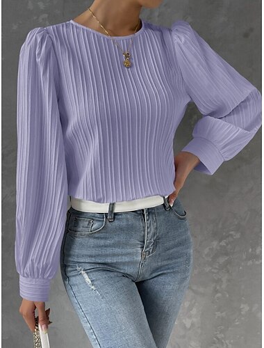  Damen Tunika elegant lässig einfarbig Laternenärmel Langarm normale Oberteile Rundhalsausschnitt Alltag weiß weinblau lila Frühling Herbst