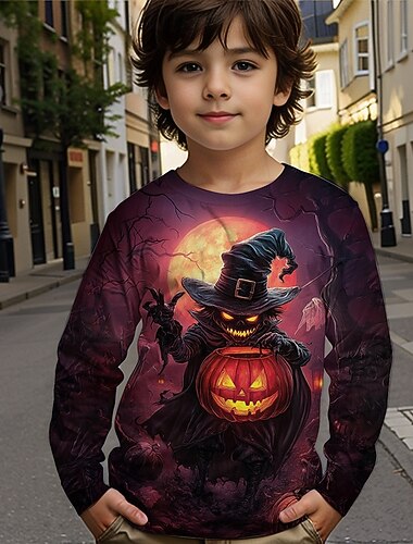  ハロウィーン 男の子 3D グラフィック カートゥン カボチャ Tシャツ Ｔシャツ 長袖 春 秋 ファッション ベーシック ポリエステル 子供 4〜12年 クルーネック アウトドア カジュアル 日常 レギュラー
