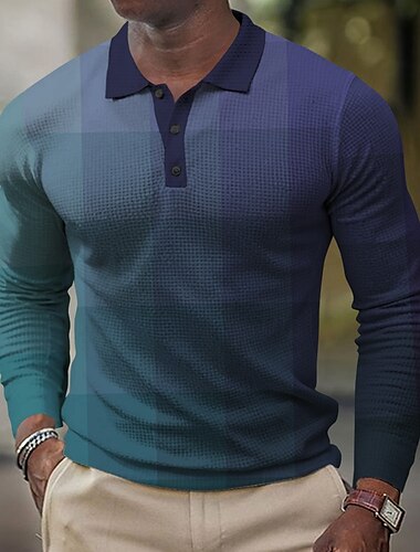  Herren Karomuster Golfshirt Langarm Polo-Shirts Hemden mit Kragen Vintage Lässig Urlaubskleidung Formelle Kleidung Festivalkleidung Knöpfe 3D-Druck Frühling Herbst Winter Rote Blau Orange