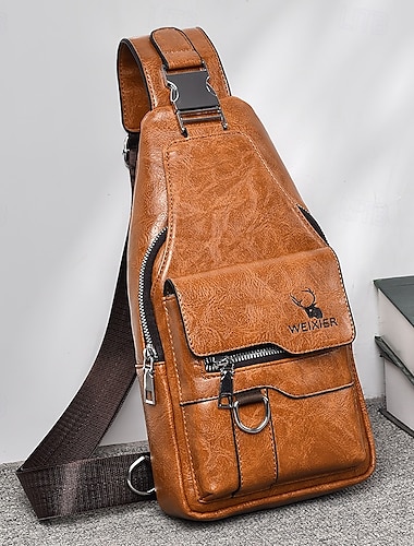  herrväska i brunt konstläder crossbody med flera fickor med dragkedjor och justerbar rem, snygg och funktionell för dagligt bruk