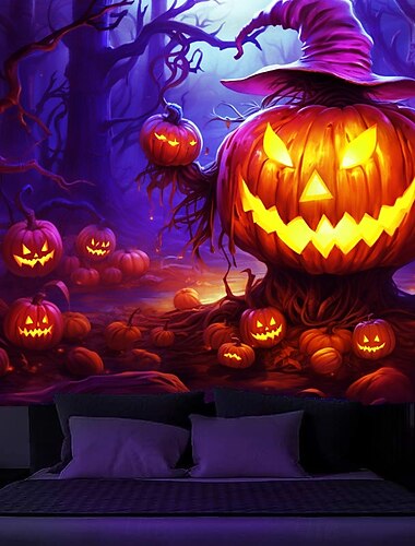  Halloween Dekorationen Schwarzlicht Wandteppich Jack o Laterne UV reaktiv im Dunkeln leuchtende Party psychedelisch trippig neblig hängender Wandteppich Wandbild für Wohnzimmer Schlafzimmer