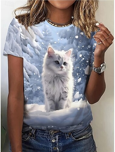  Damen T Shirt Katze Kuschelig Brautkleider schlicht Kurzarm Rundhalsausschnitt Normale Oberteile Täglich Wochenende Bedruckt Blau Sommer
