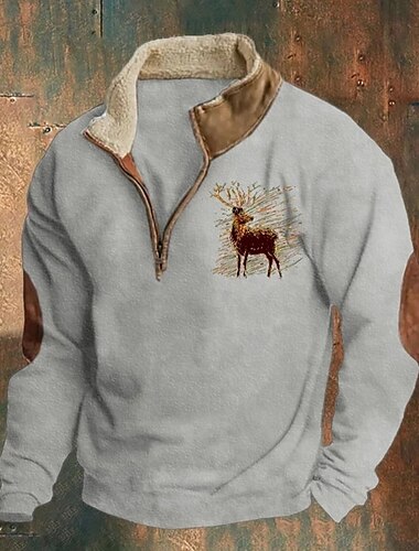  Herren Sweatshirt Viertelreißverschluss Sweatshirt Schwarz Marineblau Braun Grau Halber Reißverschluss Rentier Druck Weihnachten Täglich Ferien Polyester Streetwear Lässig Bayerisch Herbst Winter
