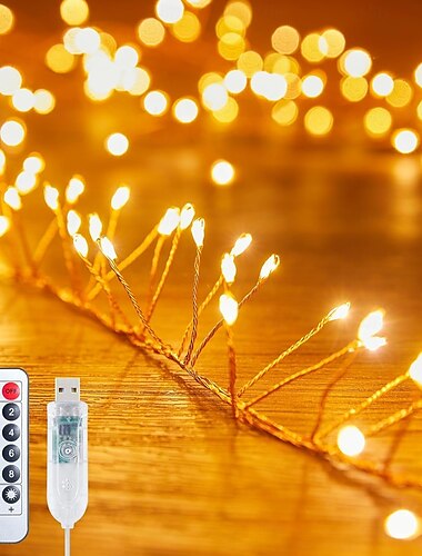  クリスマス LED 爆竹 花火型 銅線ストリングライト 3m 100LED 6m 200LED リモコン USB 電源 クリスマスツリー 結婚式 パーティー ホリデー ホーム 屋外 防水 装飾用