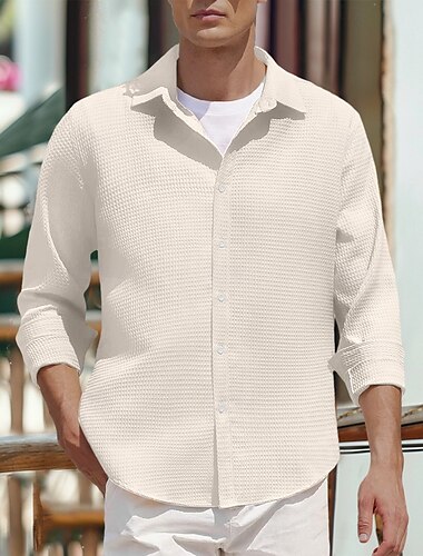 Men's Shirt Button Up Shirt Casual Shirt Waffle Shirt Black White Blue khaki Long Sleeve Plain Collar Daily Vacation Clothing Apparel Fashion Casual
