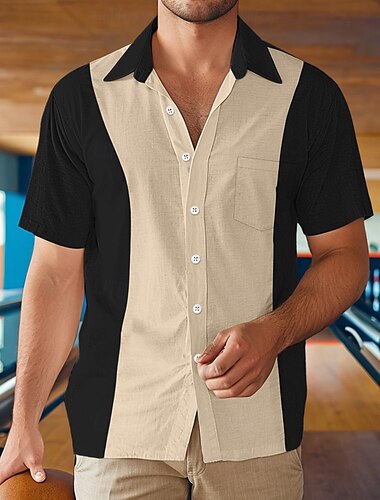  Herren Hemd Sommerhemd Strandbekleidung Lässiges Hemd Bowling-Shirt Knopfhemd Schwarz Wein Blau Grün Grau Kurzarm Farbblock Kargen Urlaub Täglich Vordertasche Bekleidung Baumwolle Modisch