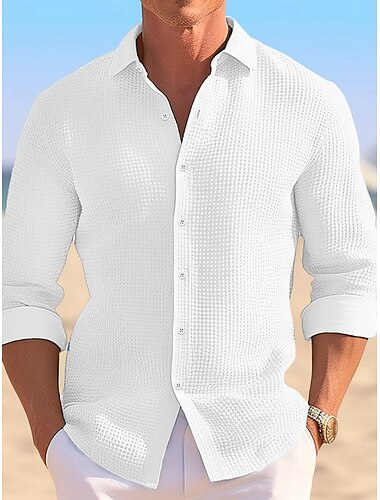  Herren Hemd Waffelhemd Sommerhemd Freizeithemd Knopfhemd Hemden zum Herausstecken Schwarz Weiß Kaki Leicht Blau Langarm Einfach Revers Urlaub Täglich Bekleidung Baumwolle Mode Lässig Bequem