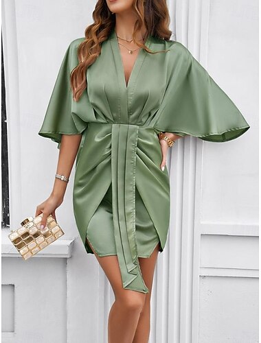  Damen schwarzes kleid Minikleid Rüschen Vintage Brautkleider schlicht V Ausschnitt Halbe Ärmel Schwarz Weiß Grün Farbe