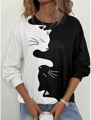  Sudadera de mujer con estampado de gato para uso diario, informal, cuello redondo, manga larga, microelástica, otoño e invierno, cómoda, transpirable, tejido suave