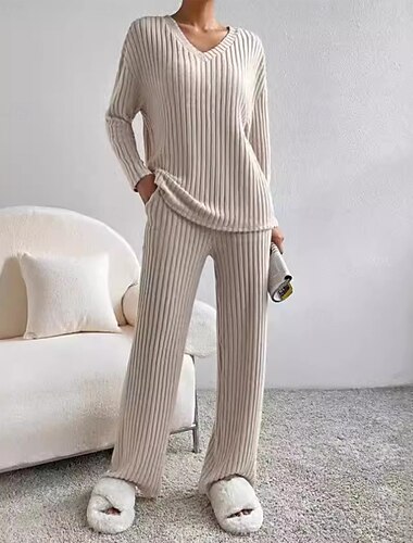  Conjunto de pijama de mujer para estar en casa, sencillo, con cuello en V, manga larga, pantalón tipo jersey, primavera y otoño, en negro y azul