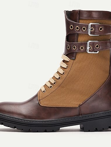  Herren-Motorradstiefel aus braunem Kunstleder und grünem Canvas mit doppelten Schnallenriemen – robuste Bikerstiefel zum Reiten und für Abenteuer im Freien