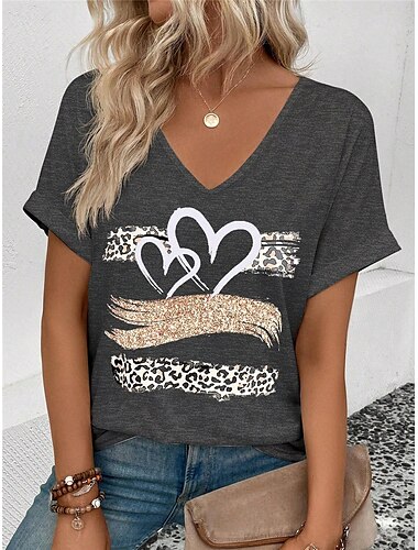  Damen T-Shirt stilvoll lässig Print Kurzarm normale Oberteile V-Ausschnitt Alltag dunkelgrau Sommer
