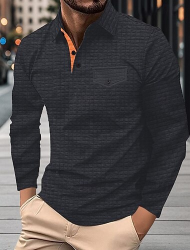  Men's Waffle Polo Shirt Golf Shirt Work Casual Lapel Long Sleeve Basic Modern Plain Button Spring &  Fall Regular Fit Black White Navy Blue Dark Gray Orange Light Grey Waffle Polo Shirt