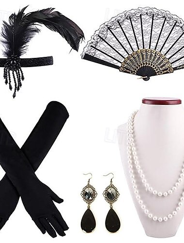  Vintage 1920er Der große Gatsby Flapper-Stirnband Zubehörset Halskette Ohrringe Charleston Hochzeitsgast Feder Mode Damen Maskerade Hochzeitsempfang Junggesellinnenabschiedsparty Festival Erwachsene