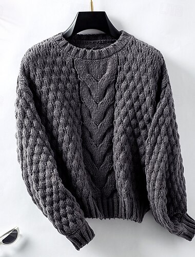  Damen Pullover Stilvoll Feste Farbe Grobstricken Rundhalsausschnitt Geflochten Langarm Lange Oberteile Stricken Arbeit Weiß Beige Herbst Winter