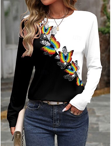  Damen T-Shirt Casual Print Langarm Normal Oberteile Rundhals Alltag Schwarz Frühling Herbst