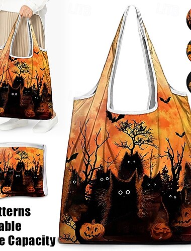  Tragetasche mit Halloween-Motiv und schwarzem Katzen- und Kürbis-Aufdruck – große wiederverwendbare Einkaufstasche für festliche Herbstanlässe