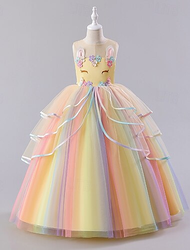  Kinder Mädchen Kleid Farbblock Regenbogen ärmellos Party süß Polyester Maxi Tüll Kleid Sommer Frühling 3-12 Jahre hellrosa weiß elfenbein