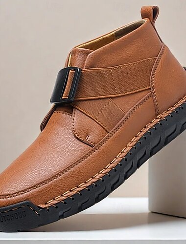  braune Stiefeletten aus Kunstleder für Herren mit handgefertigten Nähten, Riemen- und Schnallendetail für den Freizeit- und Outdoor-Stil