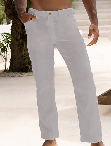  בגדי ריקוד גברים מכנסי פשתן חליפות מכנסי קיץ כפתורים כיס קדמי רגל ישרה אחיד קומפורט נושם קזו'אל יומי חגים אופנתי בסיסי שחור לבן