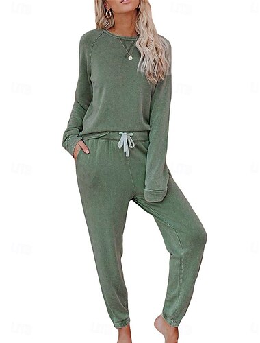  Damen-Pyjama-Sets in reiner Farbe, modisch, Basic-Komfort für zu Hause, tägliches Bett, atmungsaktiv, Rundhalsausschnitt, lange Ärmel, Hosentasche, elastische Taille, Herbst-Winter-Home-Outfits