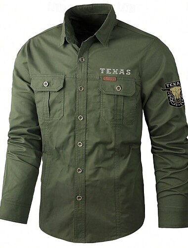  Herren Texas Kuh-Druck Hemd Westernhemd Cargo-Shirt Langarm Brautkleider schlicht Taktisch Sport & Natur Ausgehen Winter Frühling & Herbst Umlegekragen Bedruckt Schwarz Armeegrün Khaki Beige
