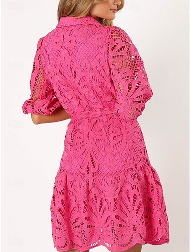  Damen Spitzenkleid Midikleid Spitze Ausgehöhlt Verabredung Elegant Brautkleider schlicht Hemdkragen Halbe Ärmel Schwarz Rosa Blau Farbe